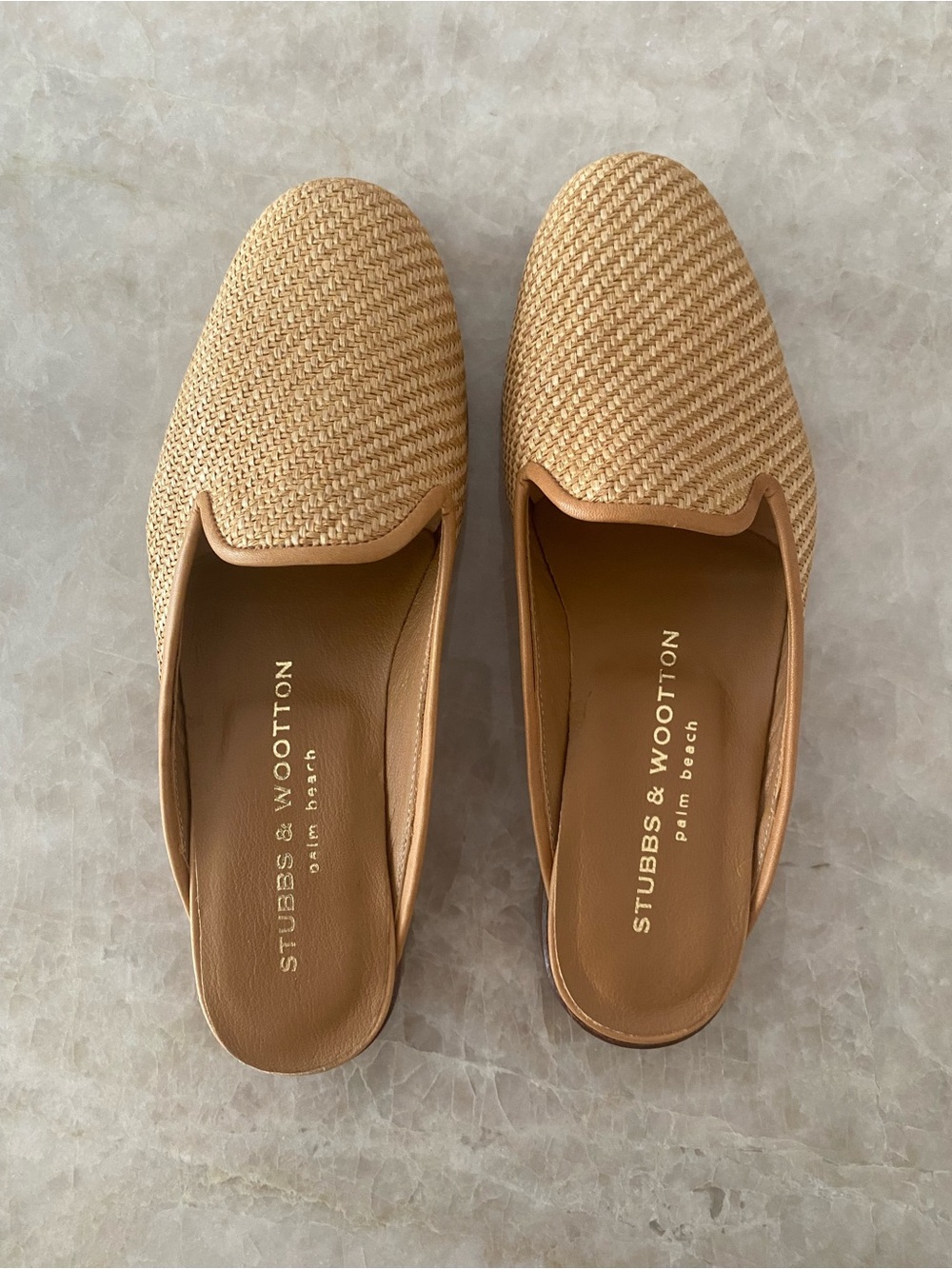 Stubbs & Wootton Natural Woven Leather-Trim Slip-On Mules